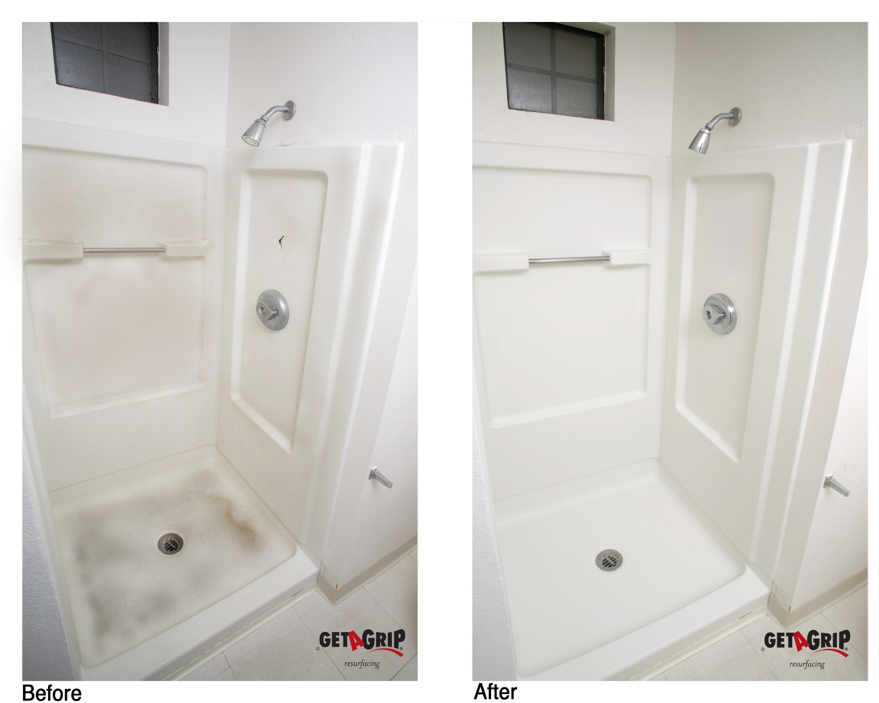 Fiberglass Shower Refinishing Before & After - Stained to Clean White