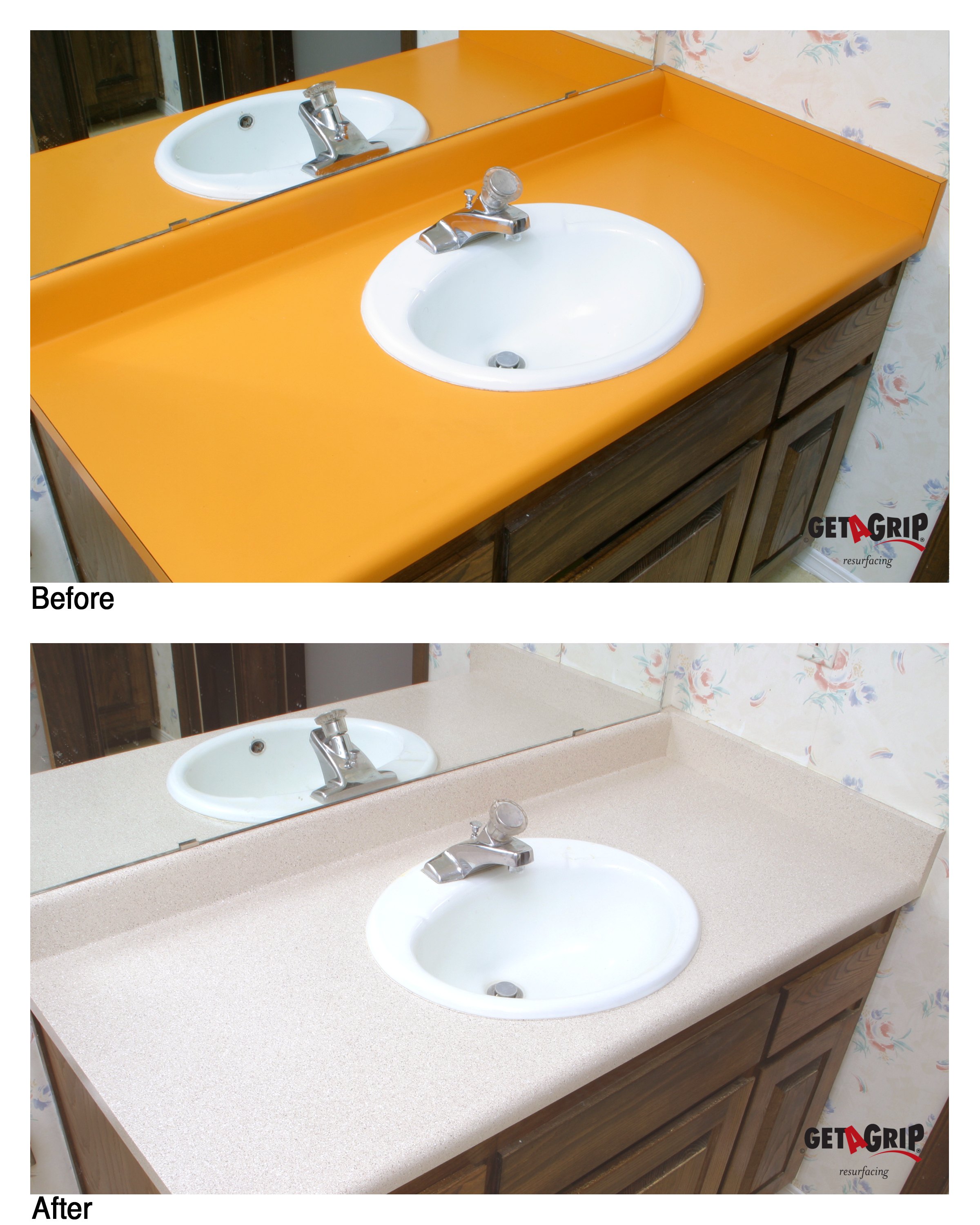 Bathroom Vanity Resurfacing Before & After - Orange to Cream