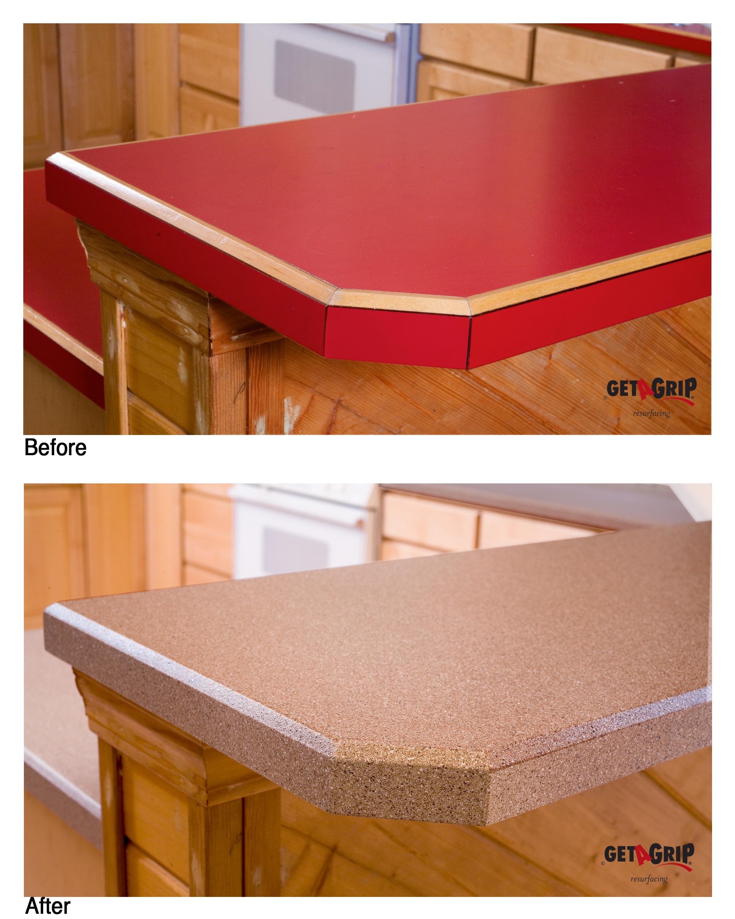 Kitchen Countertop Close-up Before & After - Red to Brown Stone